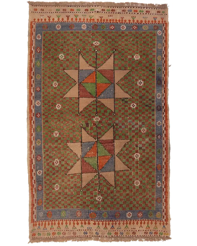 3,3x5,5 ft Green Southwestern Rug, Vibrant Red Accents