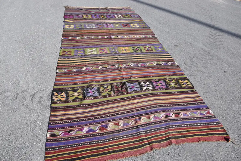 Turkish Kilim Large Rug 5.1x12.1 ft (156x370 cm), Vintage Purple Check Rug - 1