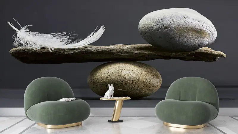 Elegant Printed Wallpaper: Balance, Stone, Feather Design