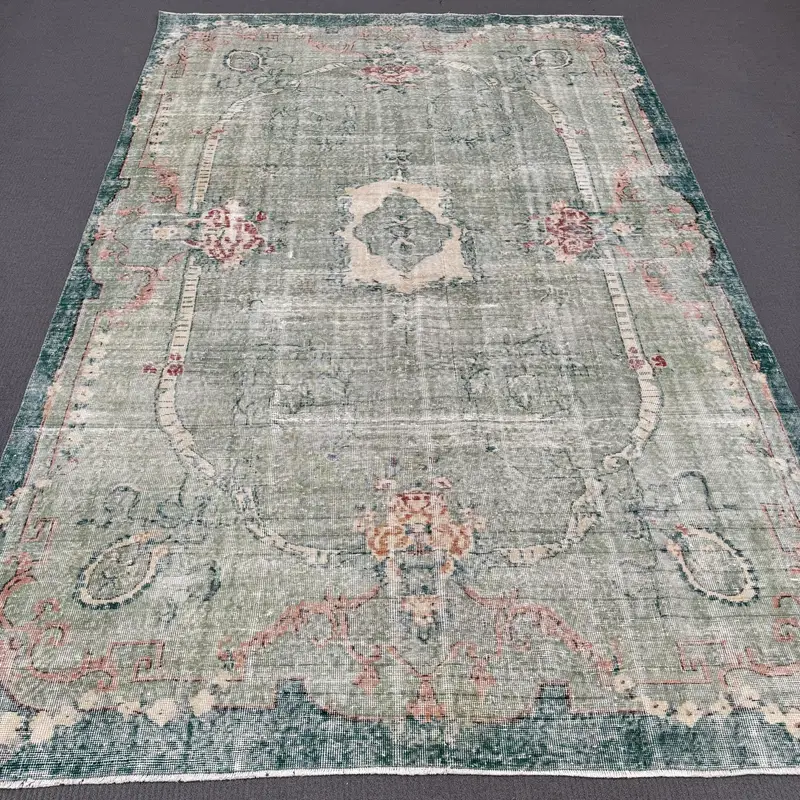 グリーン & オレンジ ラグ、0.6x10.1 フィート ストライプ幾何学デザイン