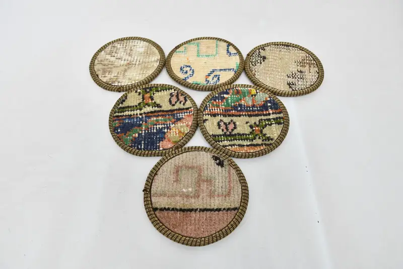 Bronz Desenli Bohem Bej Bardak Altlıkları, Yuvarlak Bardak Altlığı Seti