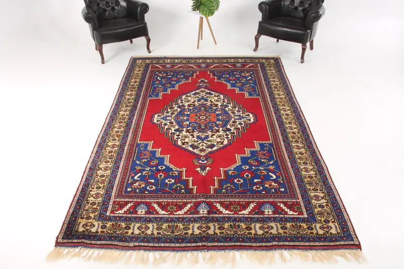 Turkish Vintage Large Rug 6.3x10 ft (193x305 cm), Red Patchwork Oushak Rug - 1