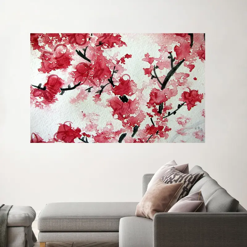 Elegant Japanese Blossom Printed Glass - Red Floral Design