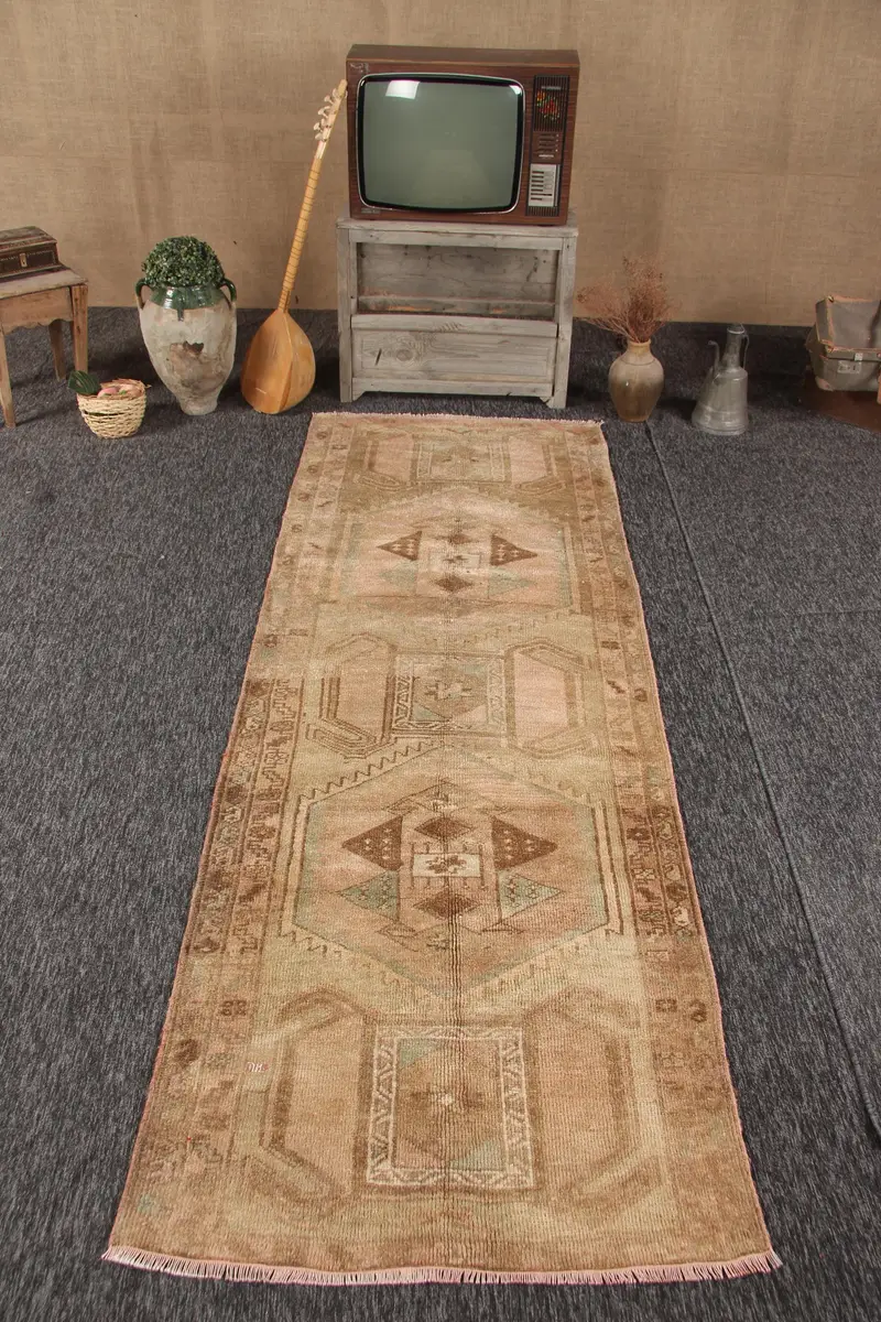 Alfombra vintage Herki Runner 3,2x9,4 pies (97x288 cm), alfombra turca de lana de lunares marrón - 1