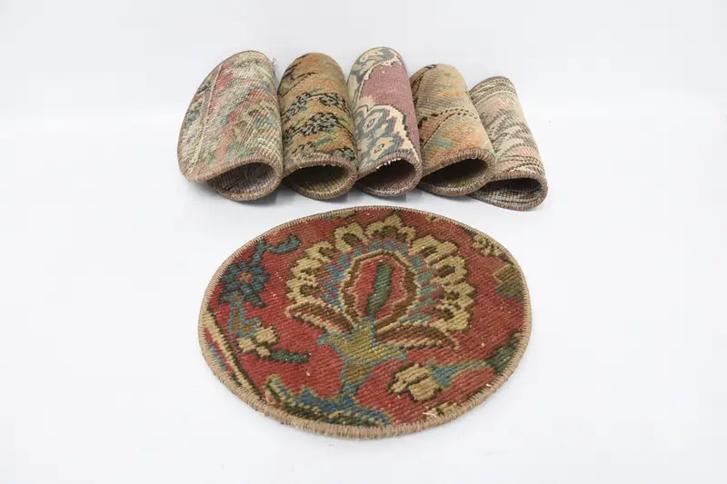 アールデコボヘミアンサークルプレースマット、レッド&ベージュコットンウール