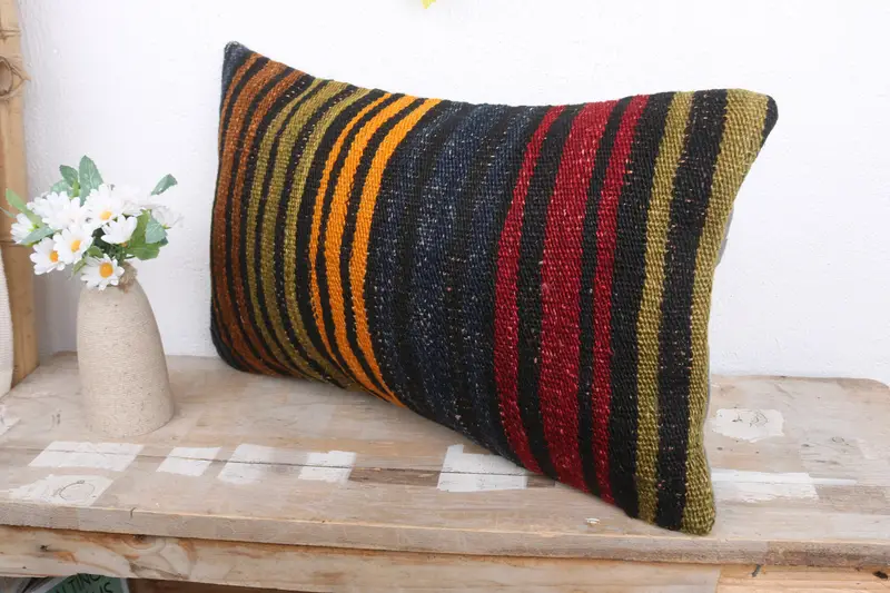 Throw Kilim Pillow, Cushion Cover, Kilim Cushion Sham, 12x20 Blue Cushion, Crochet Pattern Pillow Sham, Antique Pillows, Authentic Pillow Case - 4