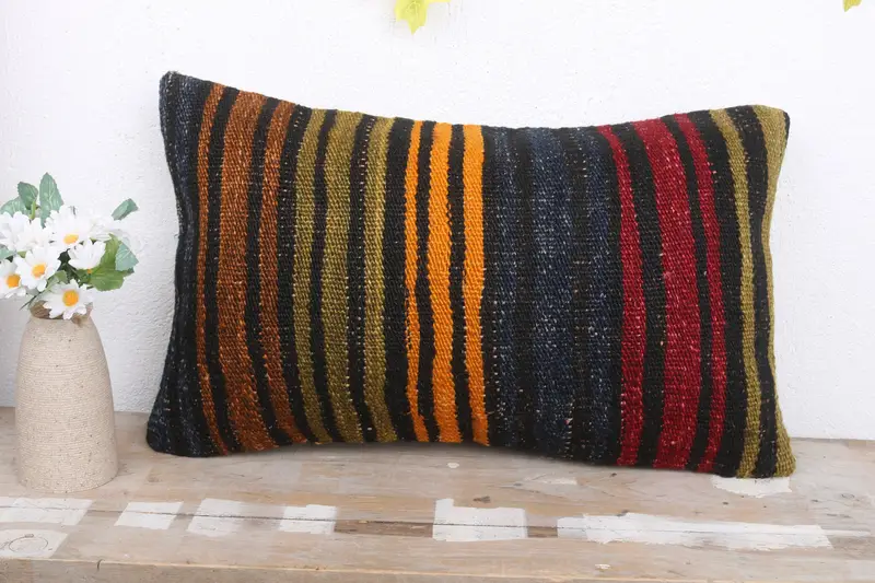 Throw Kilim Pillow, Cushion Cover, Kilim Cushion Sham, 12x20 Blue Cushion, Crochet Pattern Pillow Sham, Antique Pillows, Authentic Pillow Case - 2