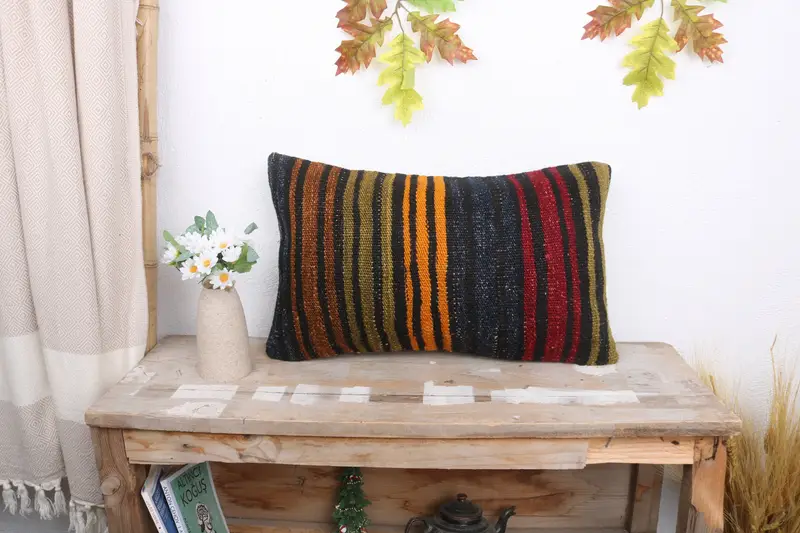 Throw Kilim Pillow, Cushion Cover, Kilim Cushion Sham, 12x20 Blue Cushion, Crochet Pattern Pillow Sham, Antique Pillows, Authentic Pillow Case - 1