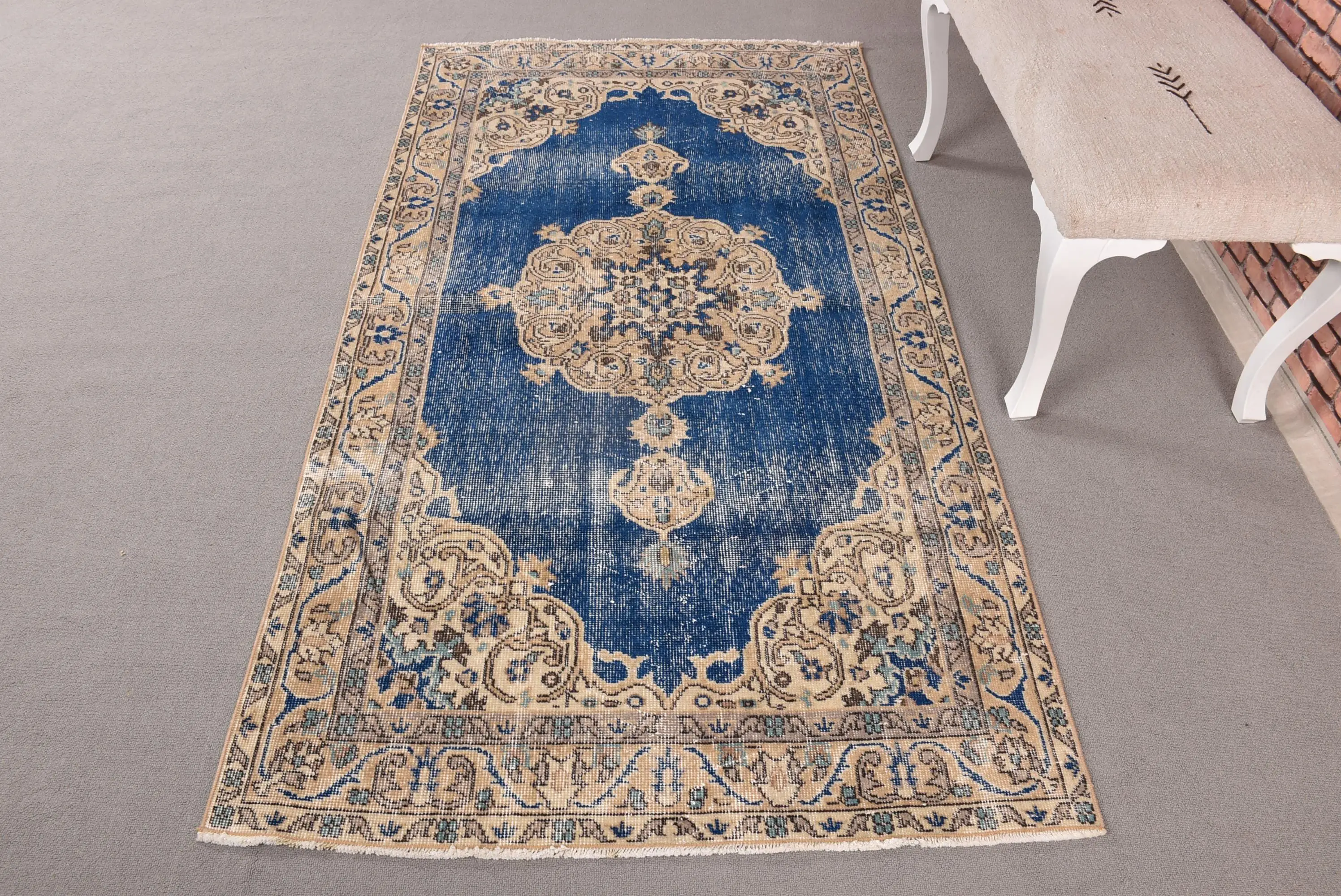 3.7x6.9 ft Turkish Vintage Rug, Area Rug, Blue Beige Floral Wool Rug - 1