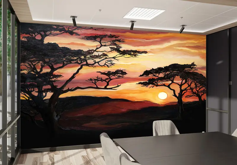 Papel pintado impreso de atardecer africano: elegante decoración de paisaje natural