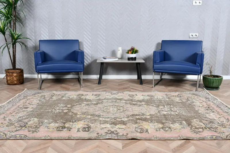 5x8.9 ft Vintage Halı, Türk Büyük Halı, Kahverengi Pembe Çizgili Yün Halı - 1