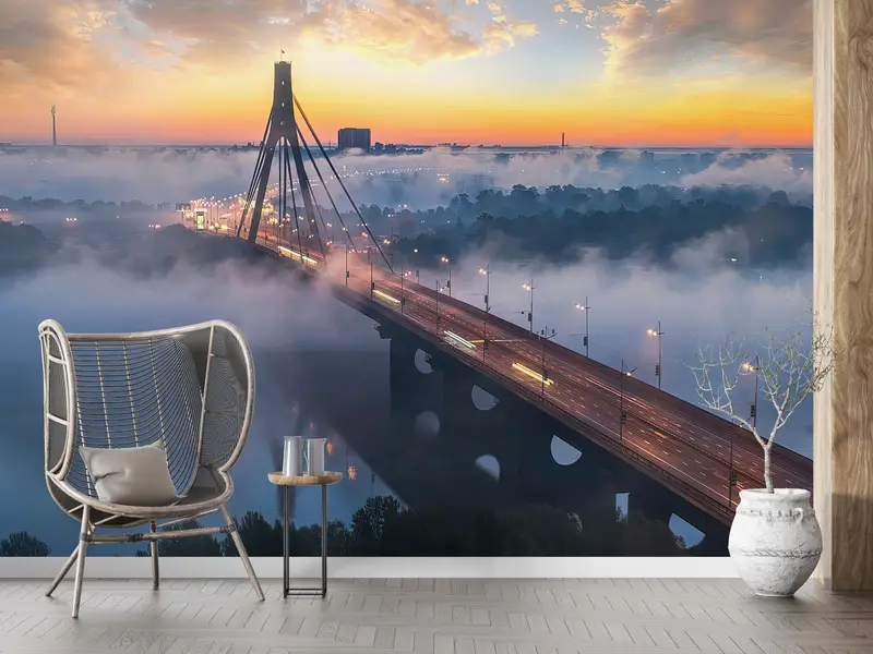 Printed Wallpaper: Kiev Bridge Cityscape at Sunset - Elegant Decor