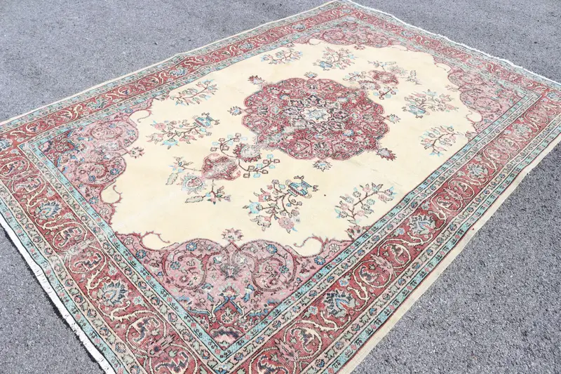 Vintage Türk Büyük Halı 6.46x9.4 ft, Kırmızı Mavi Çiçekli Yün Halı - 1