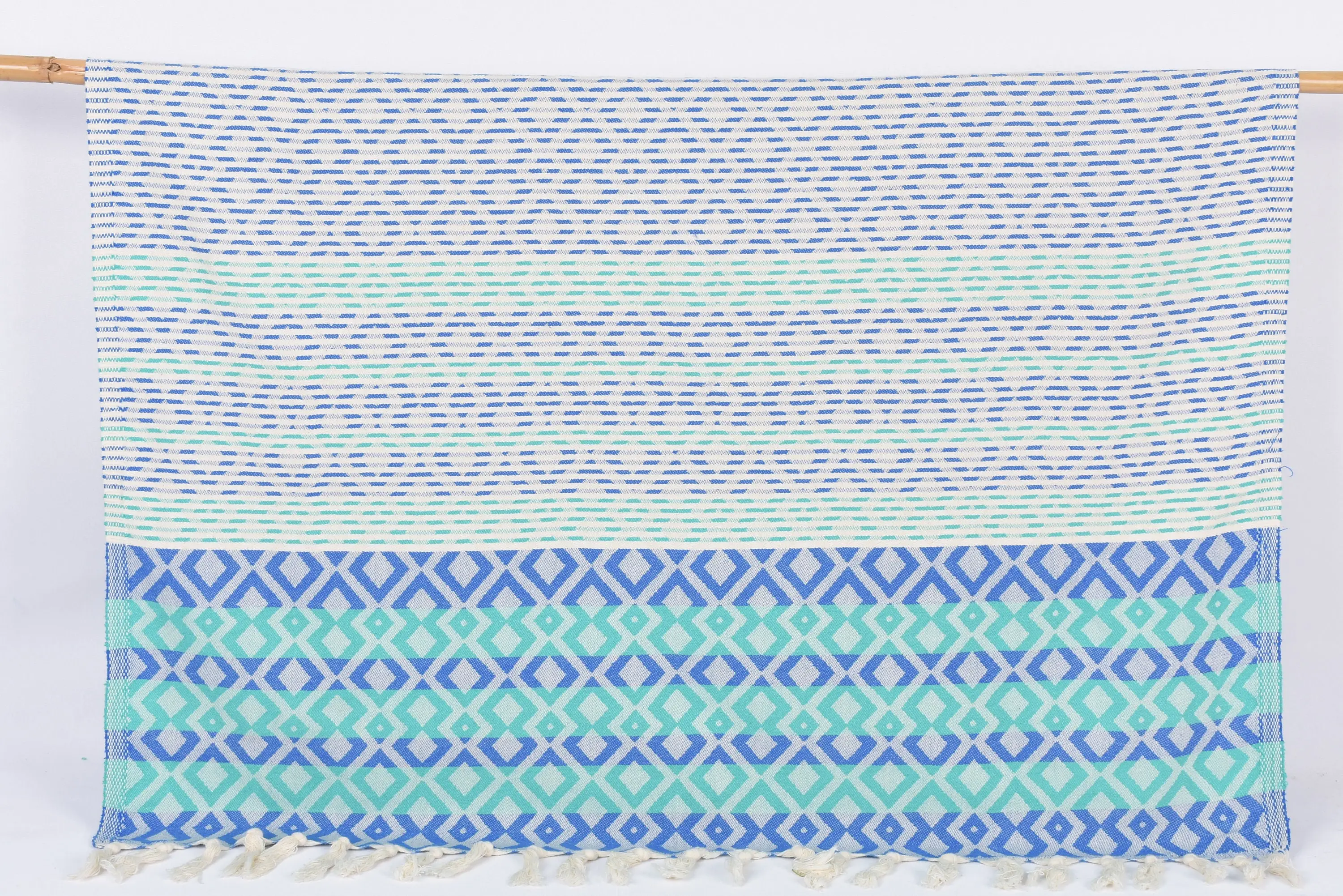 Turkish Beach Towel Custom Embroidered Sax Blue-Green Diamond, 70x40 Inches - 1