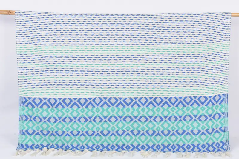 Turkish Beach Towel Custom Embroidered Sax Blue-Green Diamond, 70x40 Inches