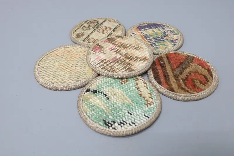 Blue and Orange Kilim Coaster, Non-Slip Wool and Leather Coaster