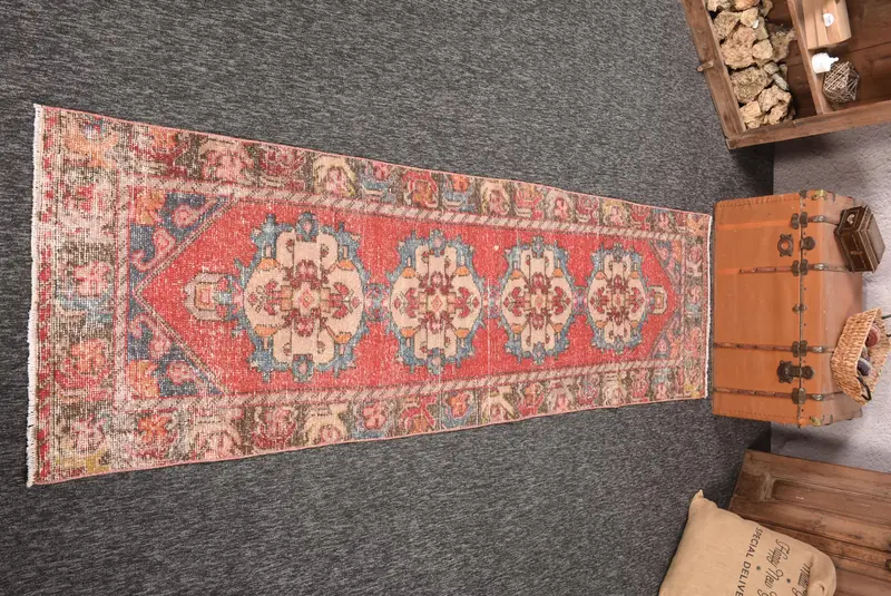 2.7x9.3 ft Türk Oushak Halısı, Vintage Halı, Kırmızı Geometrik Yün Halı - 1