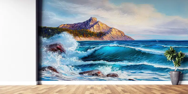 Zarif Baskılı Duvar Kağıdı: Deniz ve Dağ Manzarası Füzyonu