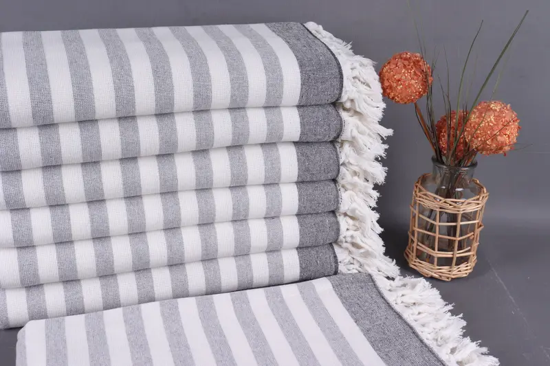 Beach Towel Organic Cotton Turkish Peshtemal Black Striped, 40x67 Inches