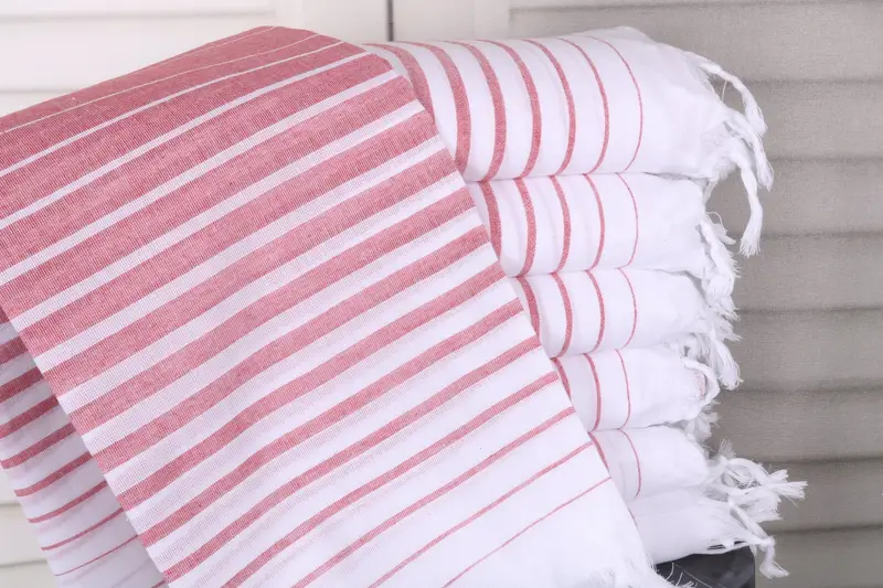 Boyfriend Gift Striped Red Cotton Towel, Handmade, 36x67 Inches