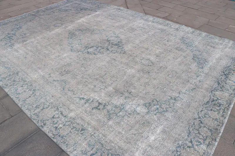 8.7x12.4 ft Oversize Vintage Turkish Rug, Gray Ikat Wool Rug - 1