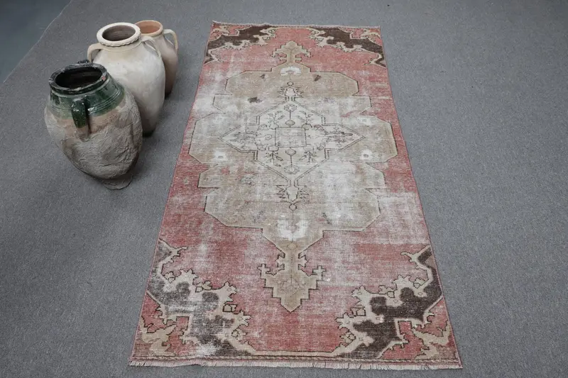 3.2x6.9 ft Türk Halısı, Vintage Vurgu Halısı, Kırmızı Bitkiler ve ağaçlar Yün Halı - 1