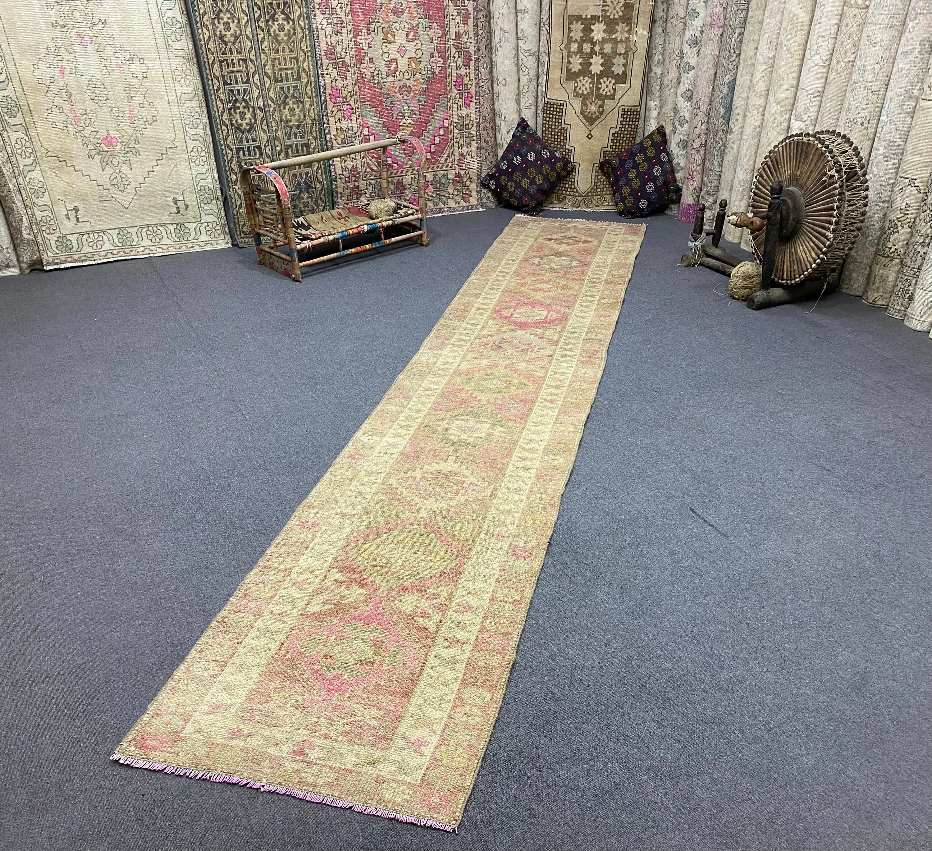 2.4x13.3 ft Vintage Turkish Rug, Runner Rug, Brown Wool Rug - 1