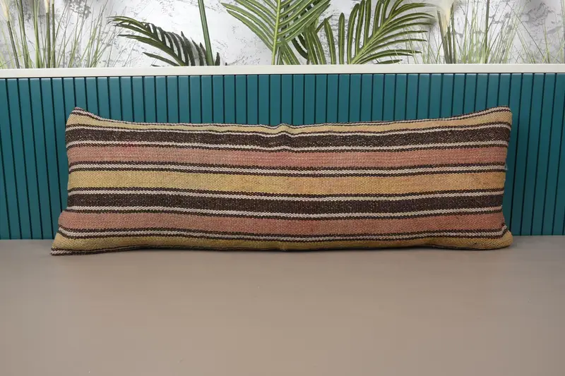 Striped Vintage Moroccan Pillow Sham, Long Lumbar 30x90 cm Brown Cushion Case - 1