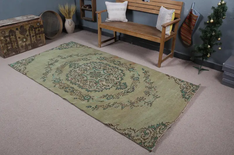 4.3x8.2 ft Oushak Vintage Rug, Green Southwestern Turkish Rug Wool - 1