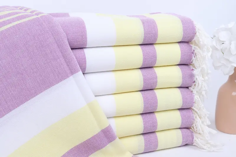 Türk Plaj Havlusu Mor-Açık Sarı Pamuklu, 40x71 İnç