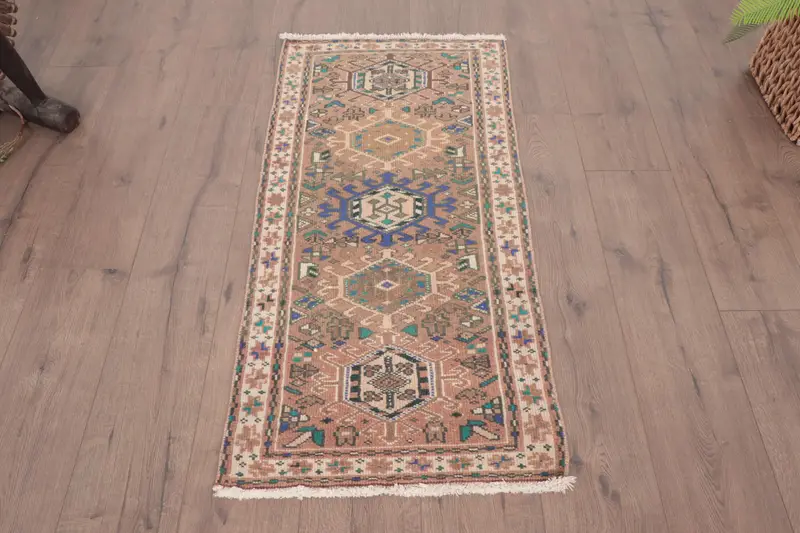 Vintage Rug, Small 1.9x3.8 ft Turkish Rug, Brown Blue Southwestern Wool Rug - 1
