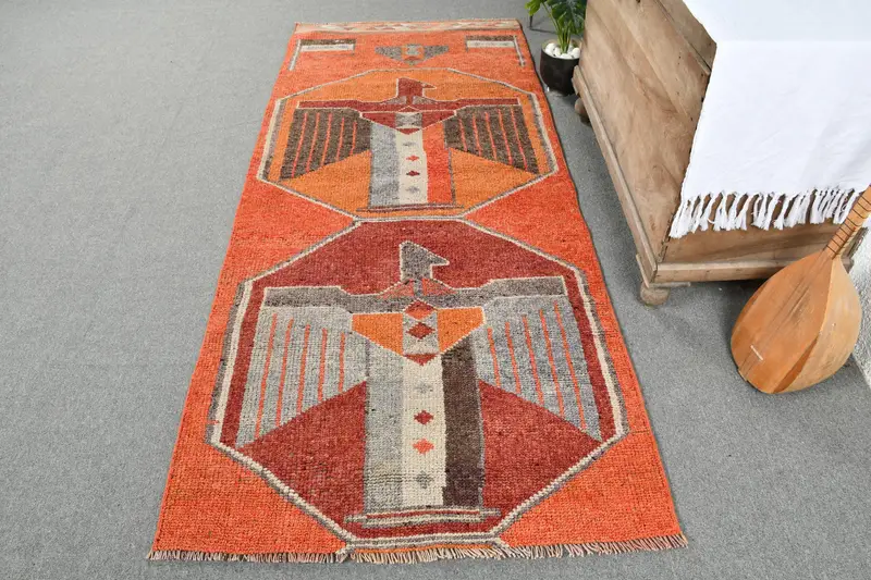 レッド & オレンジ チェック ラグ、3.4x7.8 フィート シックな装飾