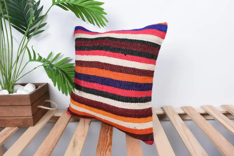 Sustainable Pillow Case, Pillow Sham, 16x16 Pink Cushion Cover, Turkish Pillow, Turkish Kilim Pillow, Vintage Kilim Throw Pillow - 5