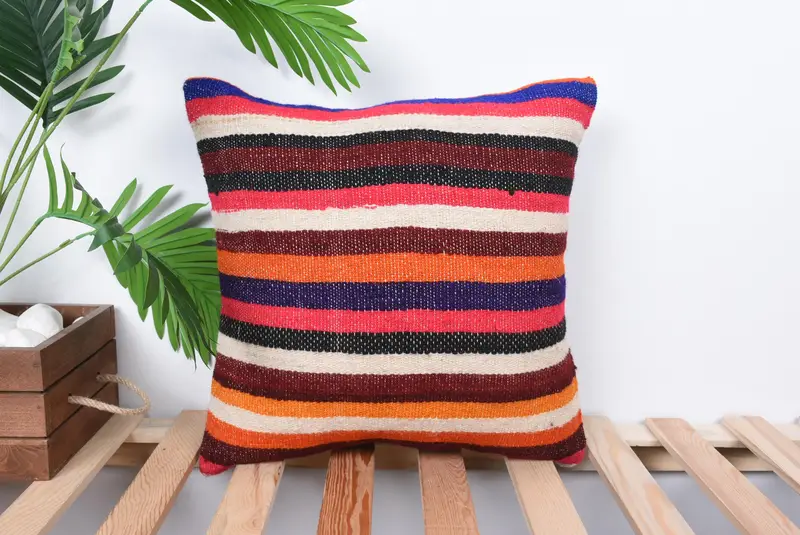 Sustainable Pillow Case, Pillow Sham, 16x16 Pink Cushion Cover, Turkish Pillow, Turkish Kilim Pillow, Vintage Kilim Throw Pillow - 1