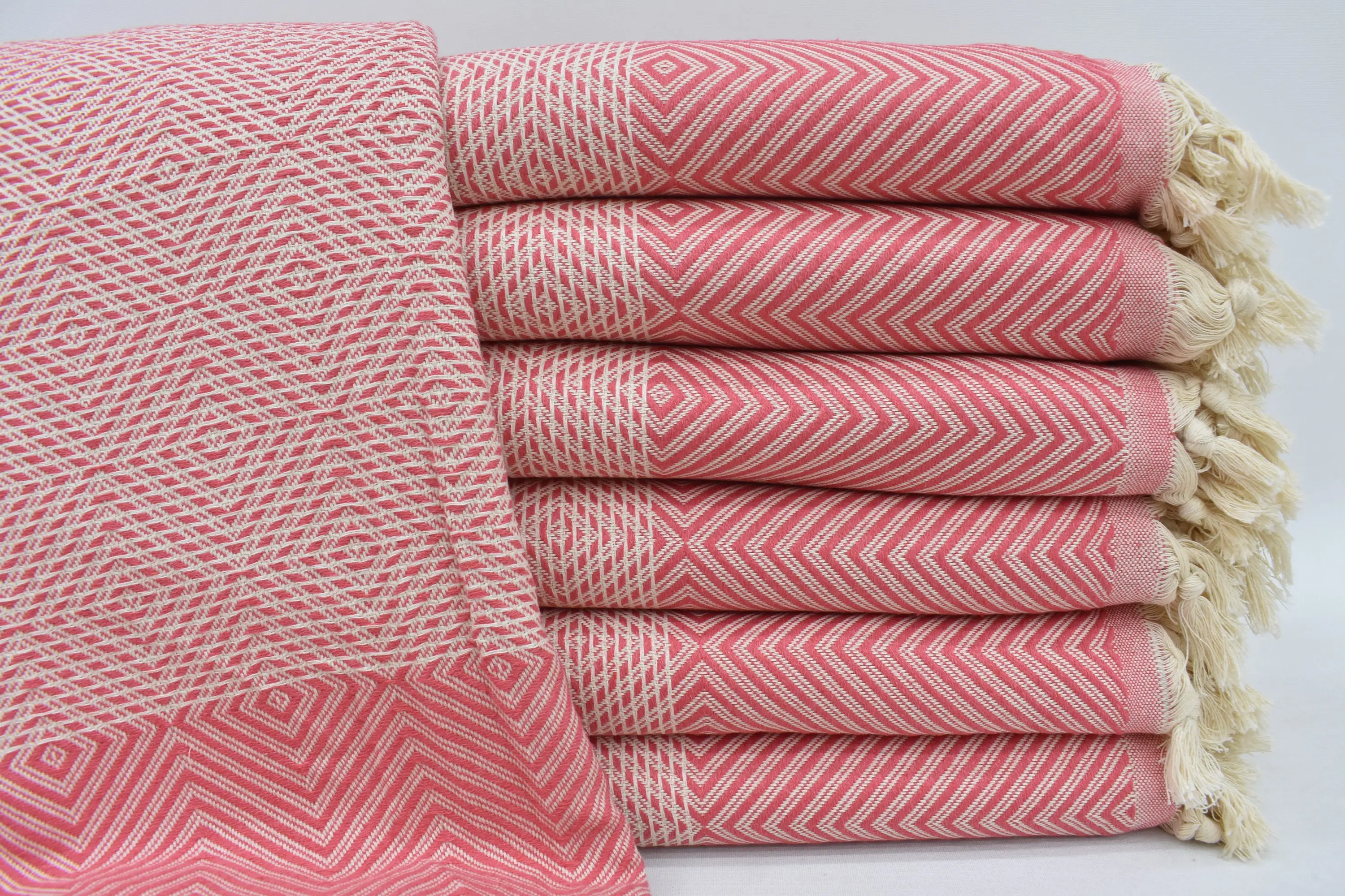 Woven Throw Blanket Vermilion Diamond Pattern, Organic Cotton, 91x79 Inches - 1