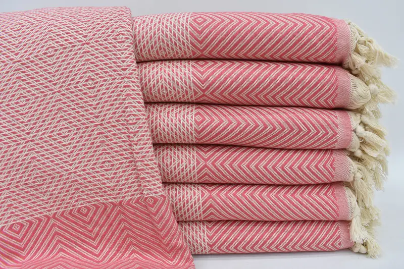 Woven Throw Blanket Vermilion Diamond Pattern, Organic Cotton, 91x79 Inches