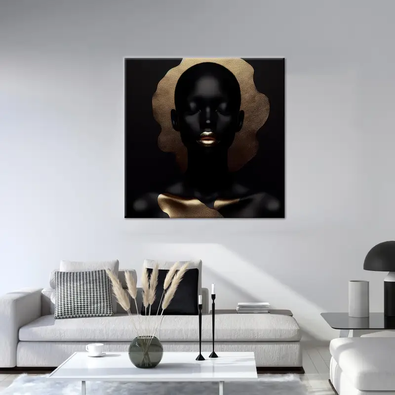 Impresión en lienzo de lujo Golden Lip African Woman - Negro y dorado