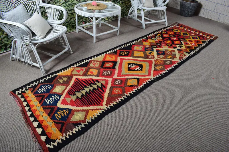 Vintage Teppich, 2,9x10,6 ft türkischer Teppich, rot blauer marokkanischer Wollteppich - 1