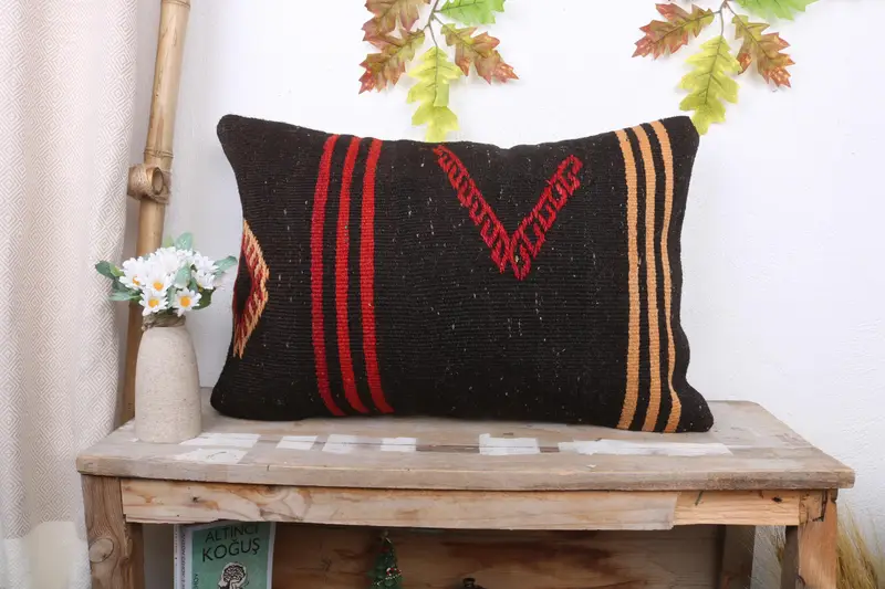 Braun & rot gestreiftes Leinenkissen, Vintage besticktes Wurfkissen
