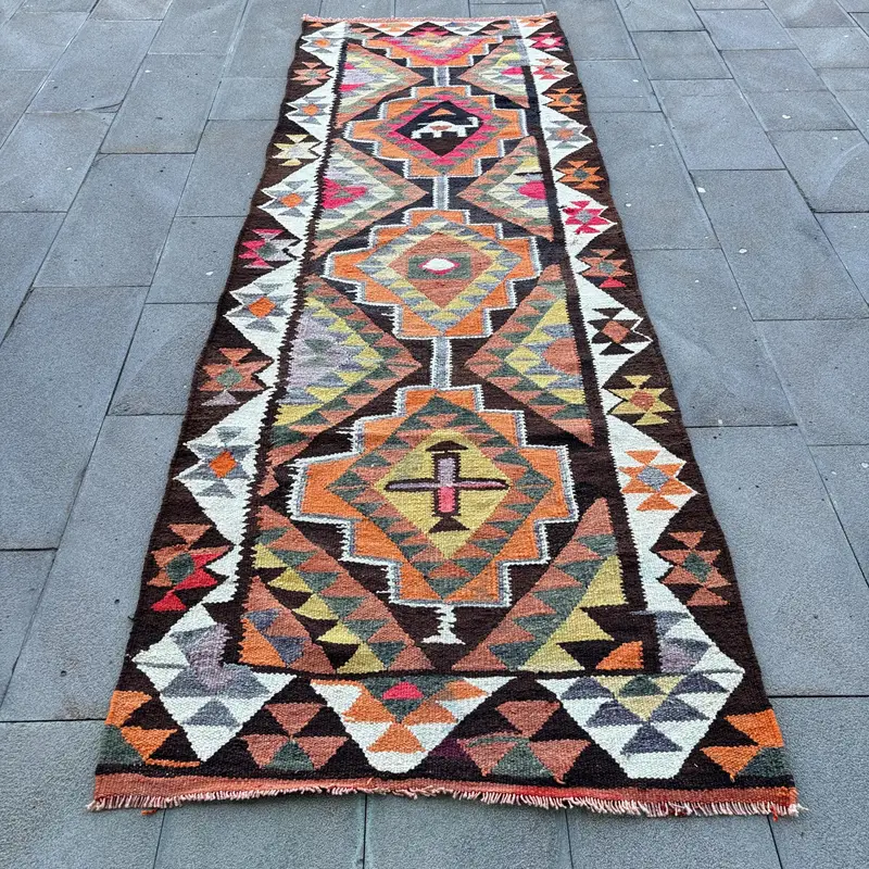 オレンジ&ブラウンラグ、3.3x10.1フィートストライプ幾何学模様デザイン