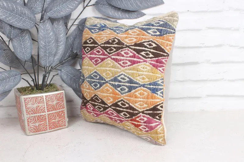 Turkish Kilim Pillow, Boho Throw Pillow Case, 12x12 Orange Pillow Sham, Pillow Sham, Boho Pillow, Pastel Cushion Case, Antique Pillows - 3