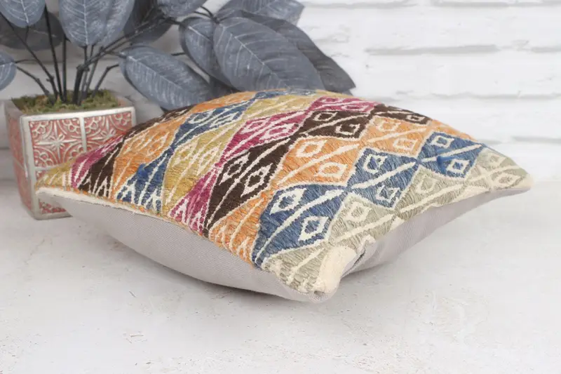 Turkish Kilim Pillow, Boho Throw Pillow Case, 12x12 Orange Pillow Sham, Pillow Sham, Boho Pillow, Pastel Cushion Case, Antique Pillows - 6