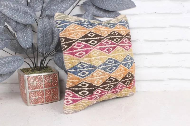 Turkish Kilim Pillow, Boho Throw Pillow Case, 12x12 Orange Pillow Sham, Pillow Sham, Boho Pillow, Pastel Cushion Case, Antique Pillows - 4