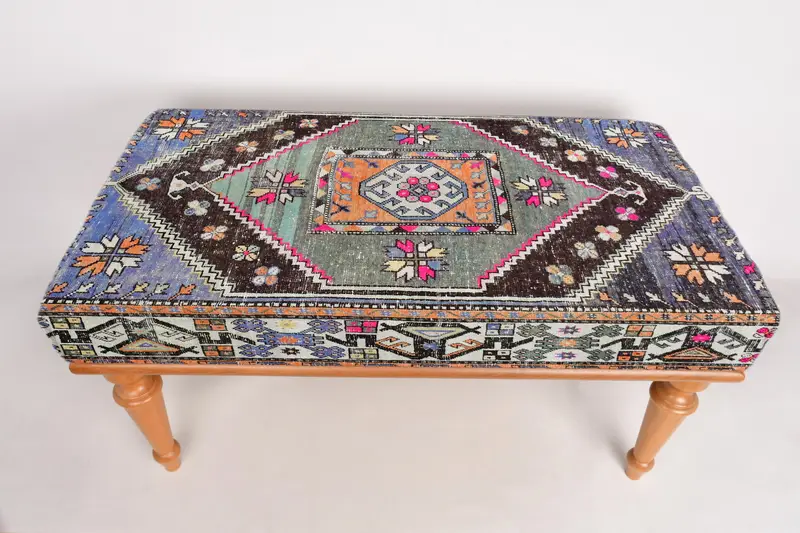 Modular Blue & Green Ottoman, Kilim-Inspired Wool Blend Ottoman
