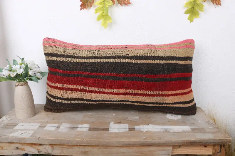 Decorative Throw Cushion, Kilim Pillow, Pillow for Couch, Pillow Sham, 12x24 Brown Pillow Sham, Authentic Pillow Case, Vintage Kilim Throw Pillow - 1