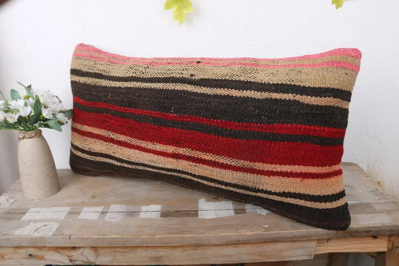 Decorative Throw Cushion, Kilim Pillow, Pillow for Couch, Pillow Sham, 12x24 Brown Pillow Sham, Authentic Pillow Case, Vintage Kilim Throw Pillow - 4