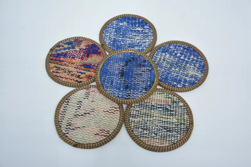 Posavasos Kilim azul y beige, posavasos con respaldo de cuero antideslizante