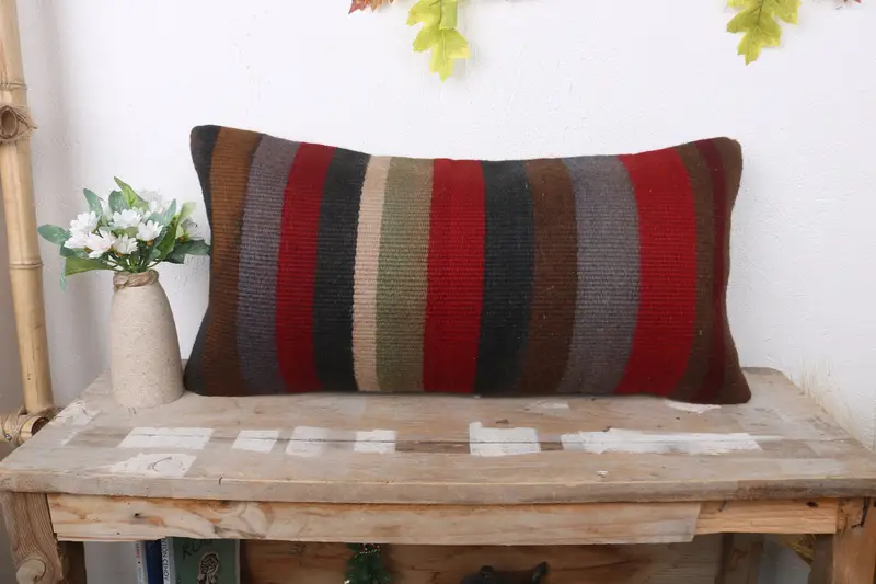 Cushion, Sofa Pillow Case, 12x24 Red Cushion Case, Kilim Cushion Sham, Cozy Throw Pillow Case, Ethnical Kilim Rug Pillow, Boho Pillow Sham Cover - 1