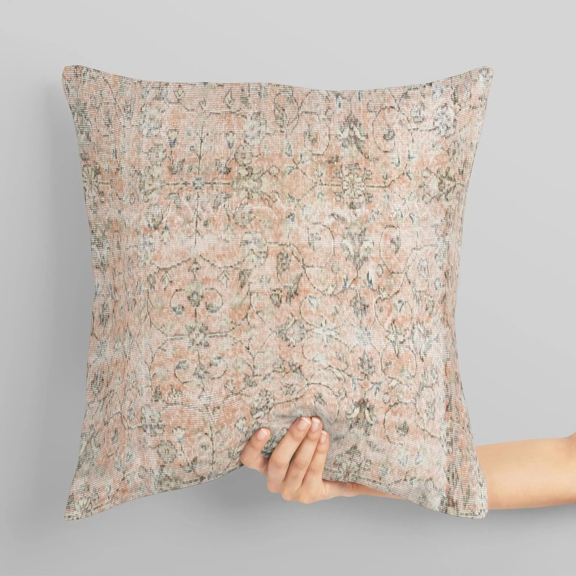 Light Green & Beige Floral Turkish Pattern Printed Pillow - 1
