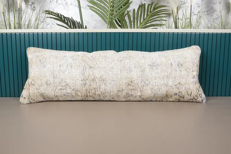 ロングランバーベージュトルコ枕カバー、アンティーク12x35インチクッション - 1
